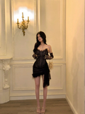 Black Sheath Strapless Corset Lace Feather Mini Prom Dress Homecoming Dress HZ1023