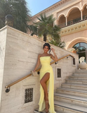 Yellow Sheath Strapless Pleated Chiffon Long Prom Dress Evening Dress with Slit HZ1023