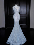 Blue Mermaid V Neck Rhinestone Tulle Long Prom Dress Party Dress HZ1023