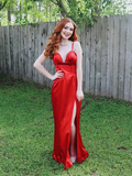 Charming Sheath Spaghetti Strap Rhinestone Red Satin Long Evening Dresses Party Dresses with Slit HZ1023