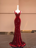 Burgundy Mermaid Straps Beaded Velvet Long Prom Dress Party Dress HZ1023