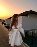 Black Bow A Line Long Sleeve V Neck Satin Short Homecoming Dress Cocktail Dress Outfits HZ1023