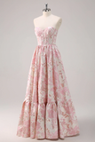 Pink A Line Sweetheart Neck Corset Satin Long Prom Dress Evening Dress HZ1023