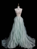 Elegant A Line Sweetheart Neck Sequin Beaded Mint Green Tulle Prom Dress Graduation Prom Dress HZ1023