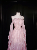 Gentle A Line Off the Shoulder Layered Rhinestone Beaded Pink Organza Long Party Dress HZ1023