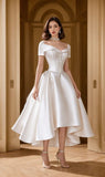Classic A Line Short Sleeve White Satin Homecoming Dress Birthday Dress HZ1023
