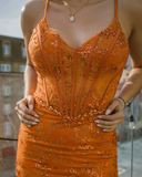 Orange Mermaid V Neck Sequin Tulle Satin Long Prom Dress Evening Dress with Slit HZ1023