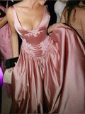 Elegant Pink A Line V Neck Appliques Satin Prom Dress Evening Dress HZ1023