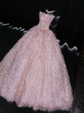 Exquisite Pink Beaded Feather Ball Gown Tulle Prom Dress Party Dress HZ1023