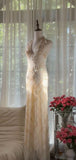 Elegant Sheath Halter Beaded Ivory Chiffon Long Prom Dress Graduation Prom Dress HZ1023