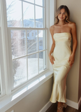 Light Yellow Sheath Strapless Satin Open Back Prom Dress Evening Dress HZ1023