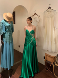 Vintage A Line Halter Pleated Beaded Sequin Emerald Satin Open Back Prom Dress Evening Dress HZ1023