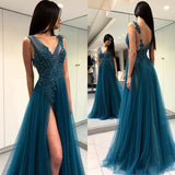 Sexy Long Prom Dresses V-Neck High Slit Appliqued Tulle Backless Long Evening Party Gowns F Formal Dress Abendkleider prom dress HZ1023