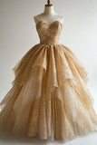 Golden A Line Sweetheart Neck Sequin Tulle Long Prom Dress Evening Dress HZ1023