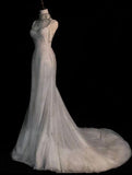 Elegant White Mermaid Spaghetti Straps Sequin Tulle Open Back Long Party Dress Date Dress HZ1023