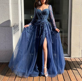 Blue Long Sleeves Slit Prom Dress Long Party Dress Evening Dress HZ1023