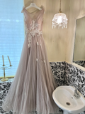Dusty Rose Quartz A Line Round Neck White Appliques Tulle Long Party Dress Prom Dress Formal Dress HZ1023