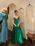 Vintage A Line Halter Pleated Beaded Sequin Emerald Satin Open Back Prom Dress Evening Dress HZ1023