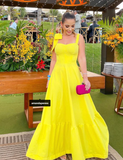 Cute A Line Straps Bow Yellow Satin Long Prom Dress Evening Dress HZ1023