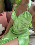 Simple Sheath Halter Green Satin Long Prom Dress Evening Dress with Slit HZ1023