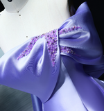 Elegant A Line Off the Shoulder Lilac Beaded Satin Prom Dress Evening Dress with Bow HZ1023