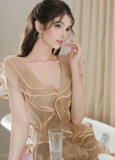 Light Brown A Line V Neck Ruffle Layered Tulle Short Homecoming Dress Outfits HZ1023