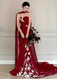 Burgundy Mermaid Sweetheart Neck White Applique Tulle Prom Dress Party Dress HZ1023
