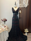 Vintage A Line V Neck Black Lace Tulle Prom Dress Evening Dress with Bow HZ1023