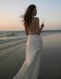 Elegant Mermaid Halter Pearl Ivory Satin Long Evening Dress Party Dress HZ1023
