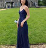 Navy Blue V Neck Long Sequin Evening Dress Prom Dress HZ1023