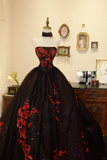 Black Sequin Appliques Ball Gown Strapless Long Prom Dress Evening Dress HZ1023