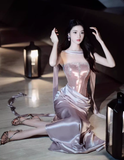 Purple Exquisite Beaded Sheath Strapless Corset Satin Prom Dress Party Dress with Slit HZ1023