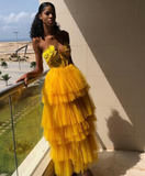 Unique Yellow Strapless Layered Tulle Long Prom Dress HZ1023