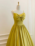 Simple Spaghetti Strap Bow Yellow Satin Tea Length Homecoming Dress HZ1023