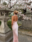 Elegant Mermaid Light Pink Satin Open Back Long Prom Dress Evening Dress HZ1023