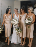 Simple A Line Spaghetti Strap Light Champagne Satin Evening Dress Bridesmaid Dress HZ1023