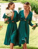 Elegant A Line V Neck Green Satin Short Evening Dress Bridesmaid Dress HZ1023