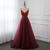 HIGH QUALITY BURGUNDY STRAPS BEADED LONG PARTY DRESS, LONG JUNIOR PROM DRESS HZ1023