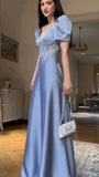 Gentle Baby Blue A Line Puff Lace Satin Long Party Dress Evening Dress Date Dress HZ1023