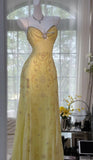 Gorgeous Yellow Spaghetti Strap A Line Chiffon Beaded Long Prom Dress HZ1023
