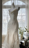 Elegant Mermaid Spaghetti Strap Beaded White Chiffon Prom Dress Graduation Prom Dress HZ1023