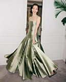 Gentle Mermaid Strapless Sage Green Pleated Satin Long Party Dress Evening Dress HZ1023