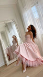 Cute A Line Spaghetti Strap Light Pink Tulle Satin Prom Dress Evening Dress HZ1023