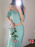 Gentle Mermaid Off the Shoulder Two Piece Chiffon Satin Party Dress Evening Dress HZ1023