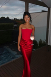 Charming Red Mermaid Strapless Satin Prom Dress Evening Dress HZ1023