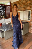 Navy Blue Mermaid Lace Long Evening Dress Formal Prom Dress HZ1023