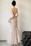 Exquisite Sheath Spaghetti Strap Beaded Tulle Prom Dress Evening Dress Party Dress HZ1023