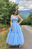Sky Blue Straps Tulle A Line Prom Dress Sweetheart Homecoming Dresses HZ1023