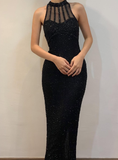 Vintage Sheath Halter Black Beaded Chiffon Prom Dress Evening Dress HZ1023