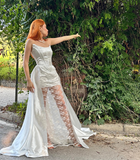 Charming A Line Strapless White Lace Satin Prom Dress Evening Dress HZ1023